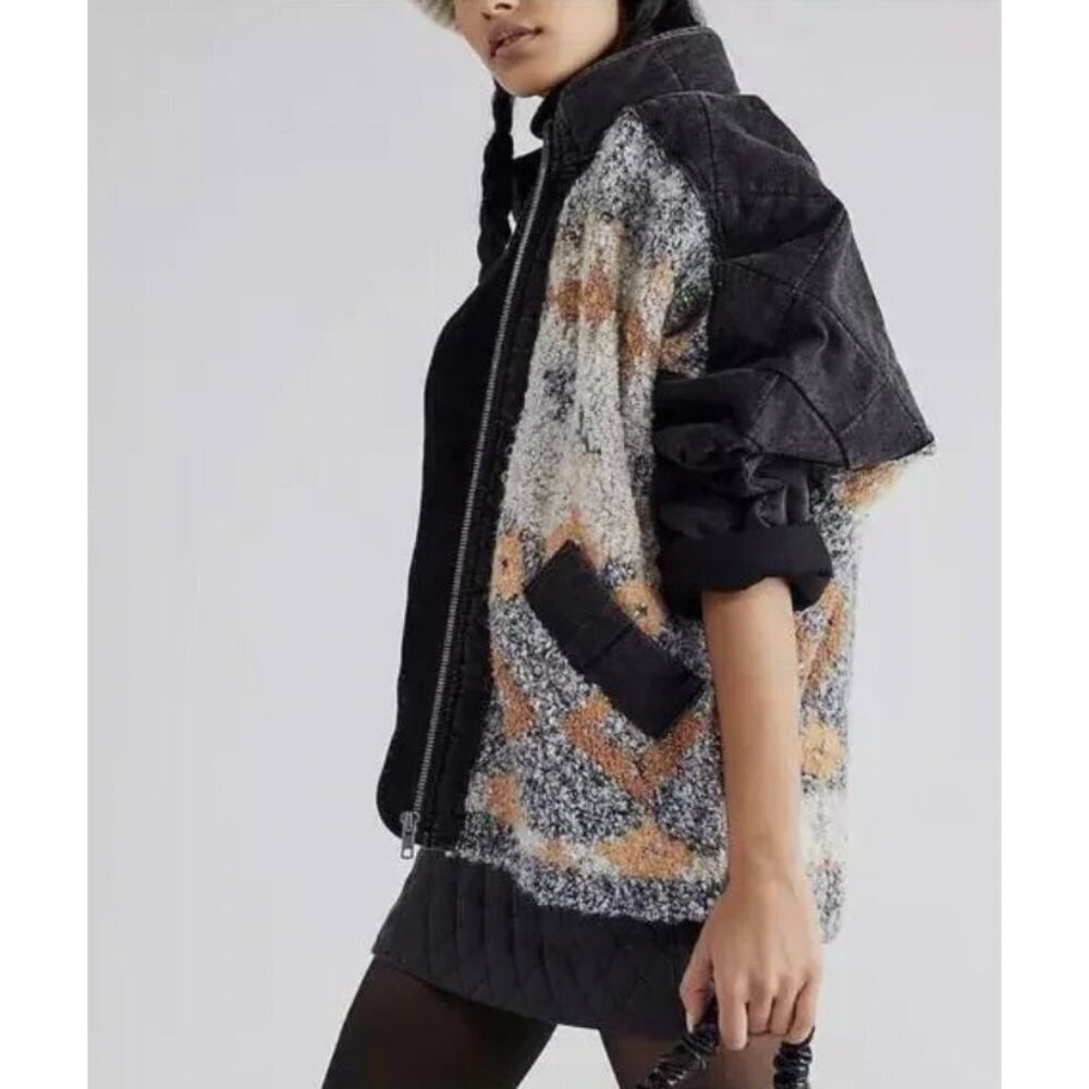 NEW Free People Free Spirit Quilted Cardi Jacket Size XS Black Brown $398 [jb]